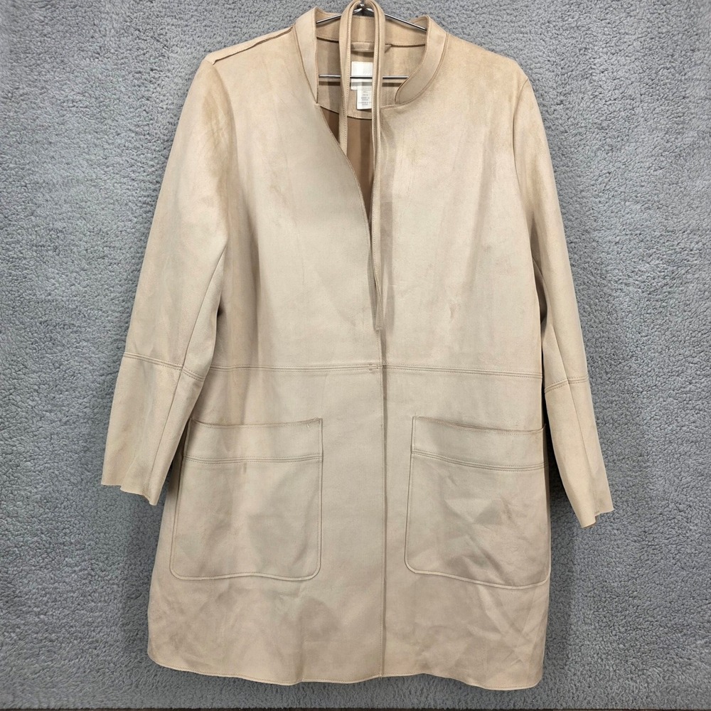 H&M Womens Faux Suede Longline Jacket Beige Tan Pockets Size Large